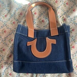 True Religion Denim Mini Tote with Tan Leather Accents